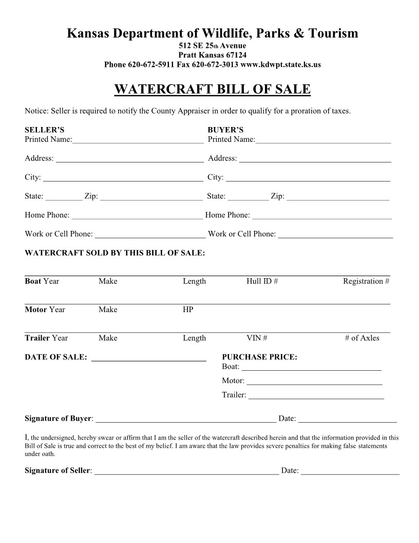 Watercraft Bill Of Sale Free Kansas Watercraft or Boat Bill Of Sale form