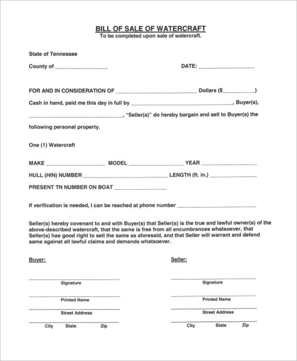 Watercraft Bill Of Sale Sample Boat Bill Of Sale 7 Examples In Pdf