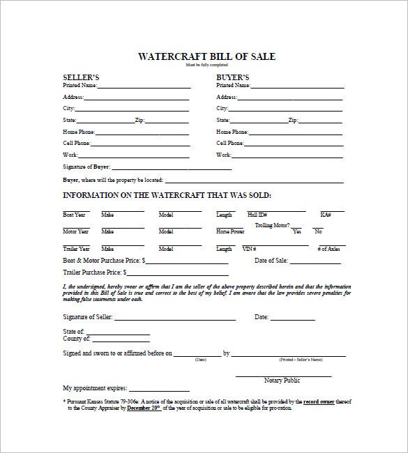 Watercraft Bill Of Sale Watercraft Bill Of Sale – 8 Free Sample Example format