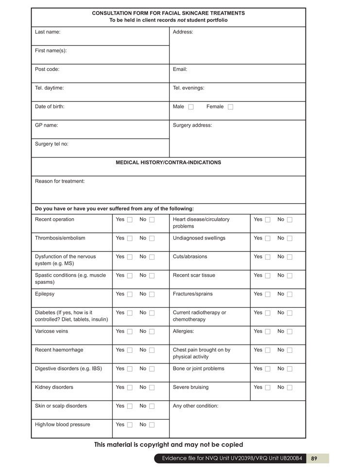 Waxing Consultation form Template Consultation forms Evidence Sheets for Recording