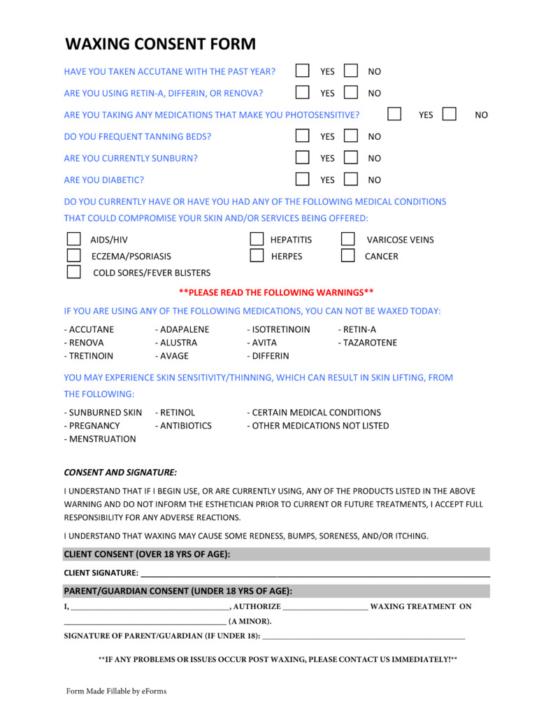 Waxing Consultation form Template Free Waxing Consent form Pdf