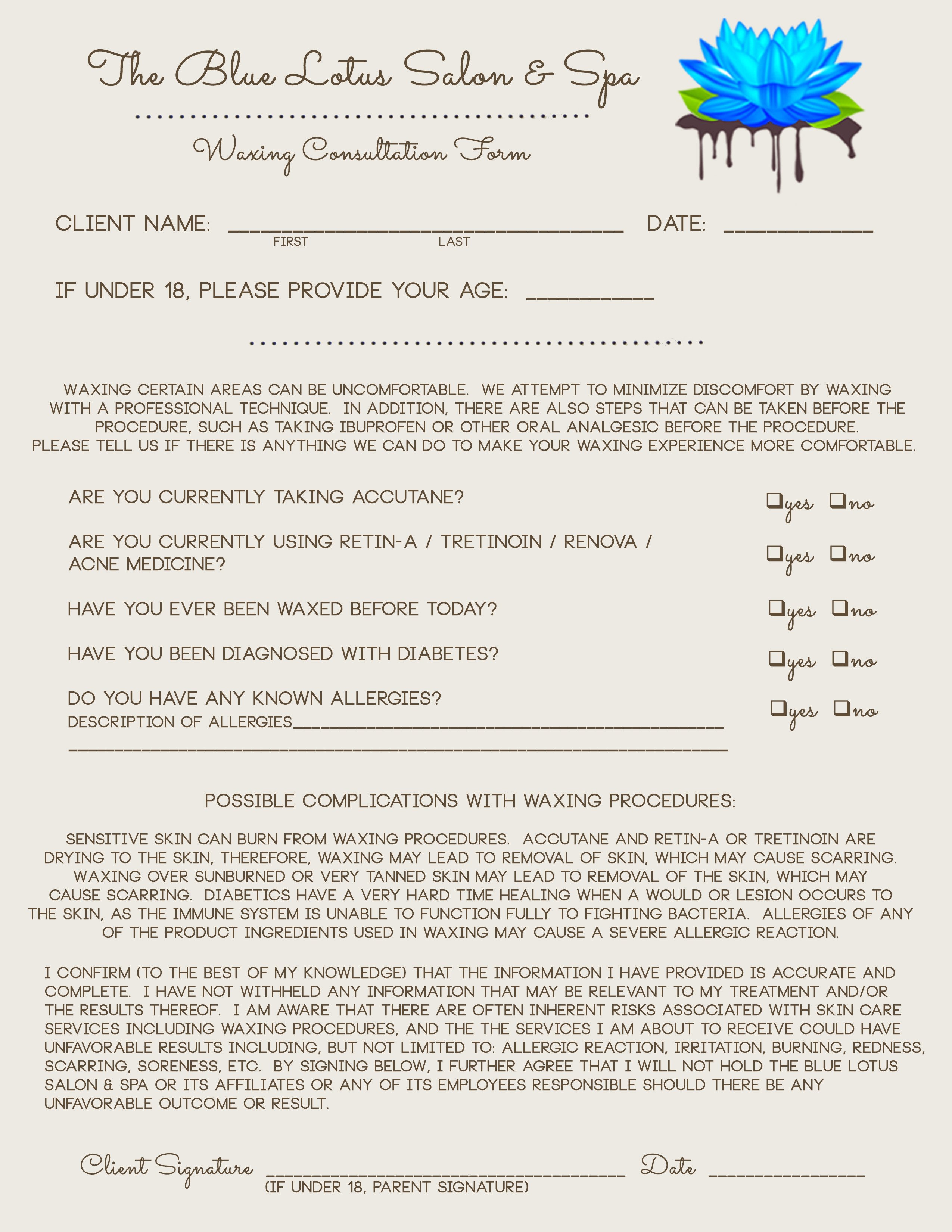 Waxing Consultation form Template the Blue Lotus Salon &amp; Spa