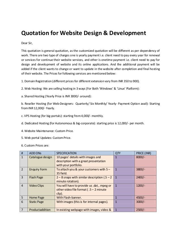 Website Design Quotation Template Quotation for Website Design