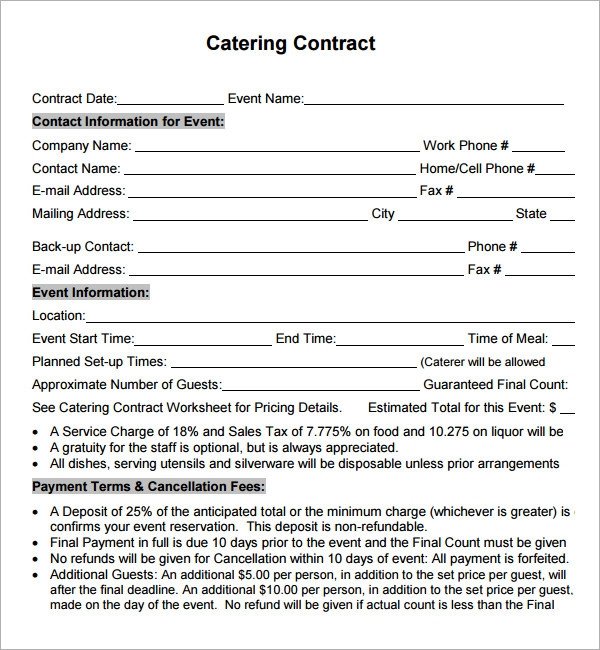 Wedding Catering Contract Template Catering Contract 7 Free Pdf Download
