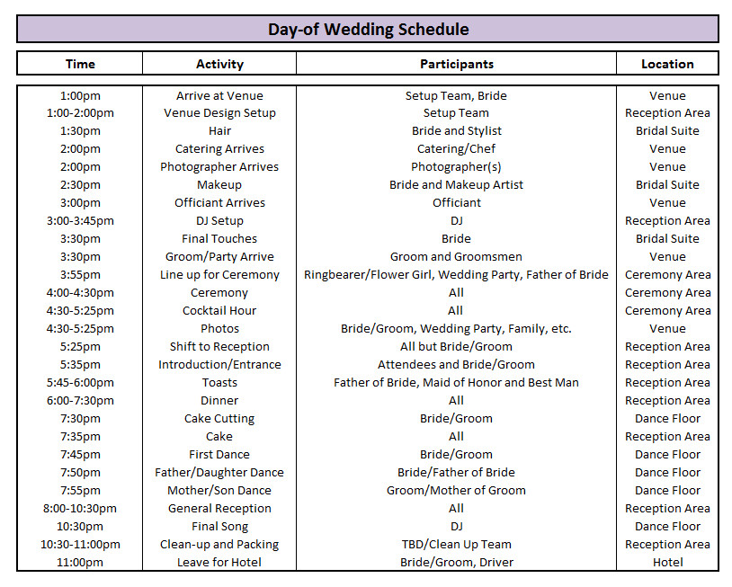 Wedding Day Timeline Template Excel Wedding Day Timeline Template