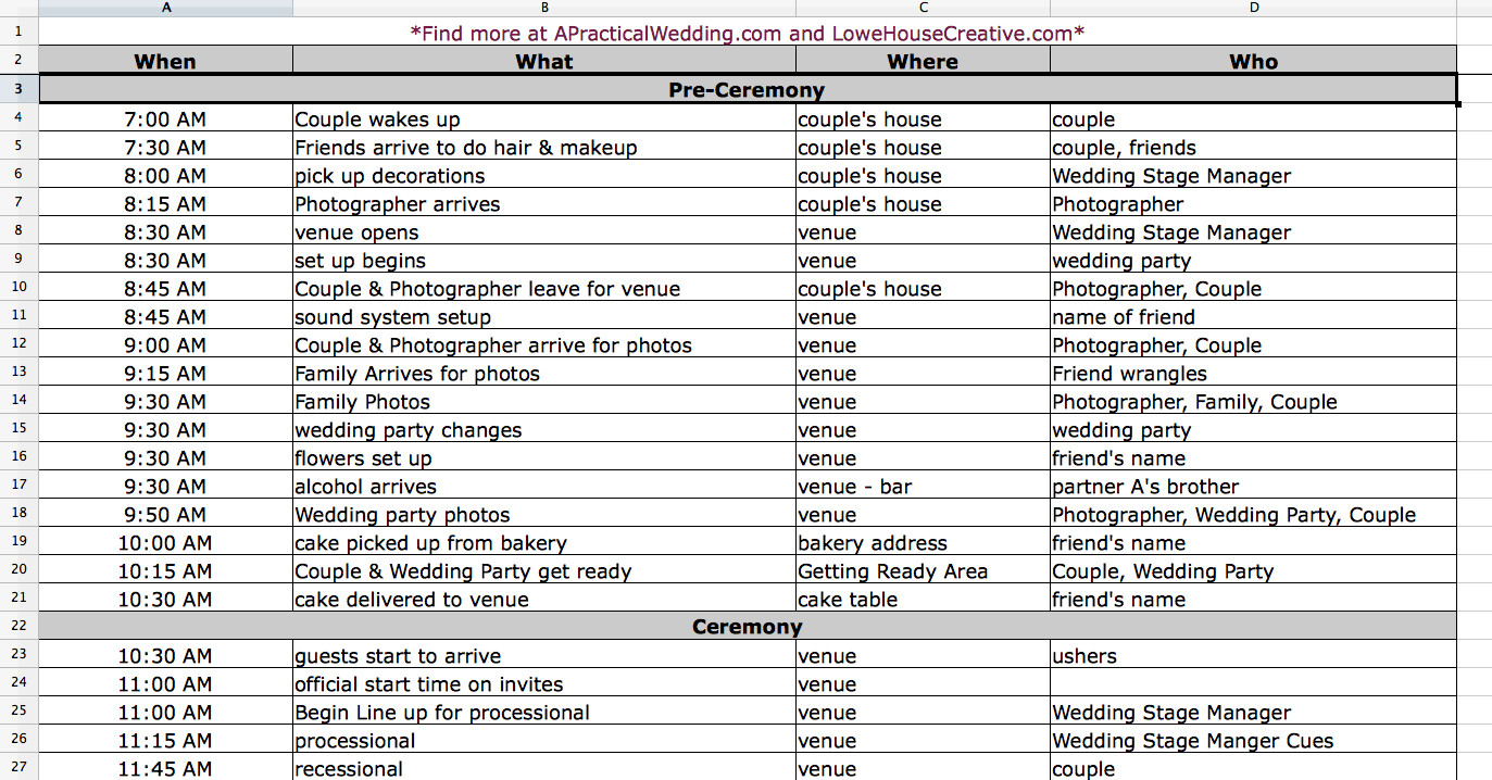 Wedding Day Timeline Template Free Free Wedding Planning and Timeline Spreadsheets