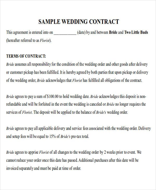 Wedding Florist Contract Template Sample Wedding Contract Agreements 9 Examples In Word Pdf