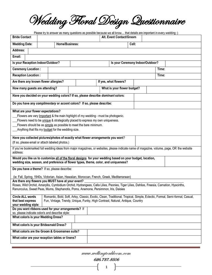 Wedding Florist Contract Template Wedding Planner Questionnaire Template Google Search