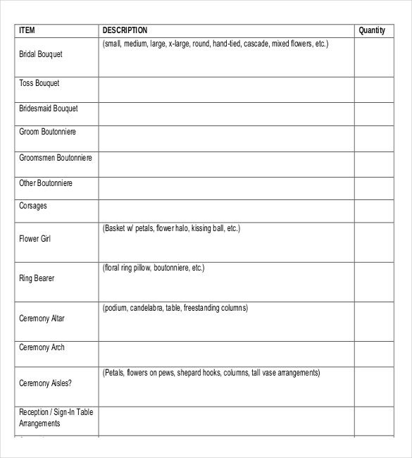 Wedding Flower Checklist Template 17 Wedding order Templates – Free Sample Example format