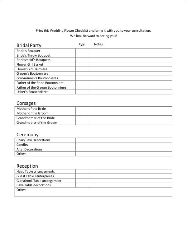 Wedding Flower Checklist Template Printable Wedding Checklist Sample 10 Examples In Pdf Word