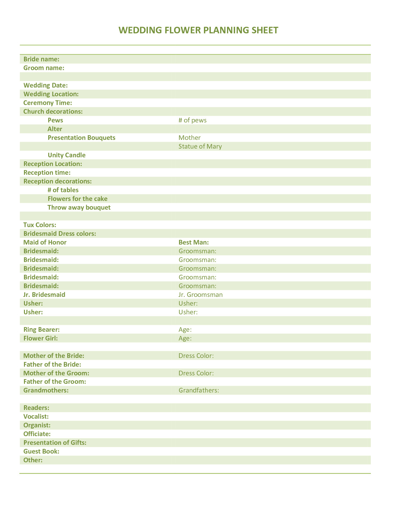 Wedding Flower Checklist Template Wedding Planning Information Sheet Accessoires Pour