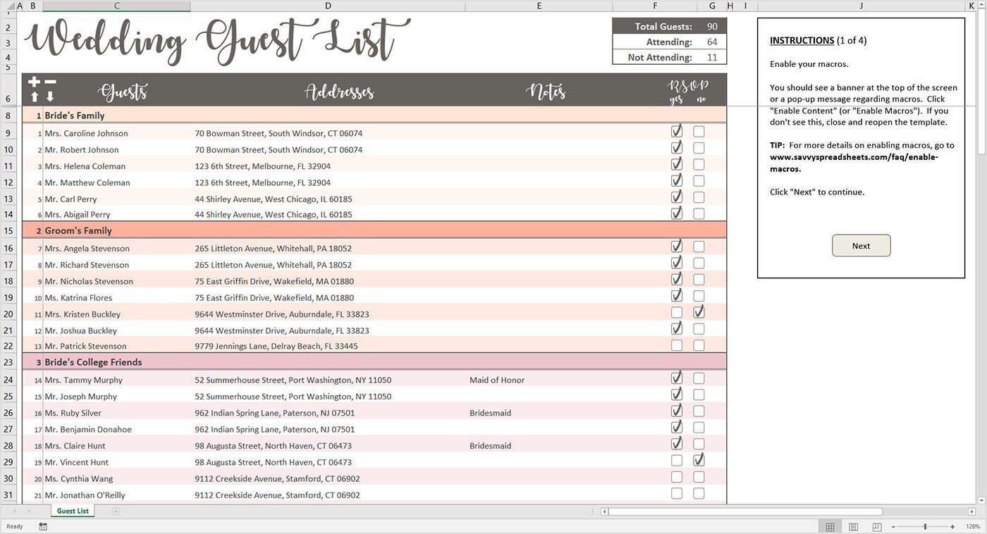 Wedding Guest List Excel Peachy Wedding Guest List Excel Template – Savvy