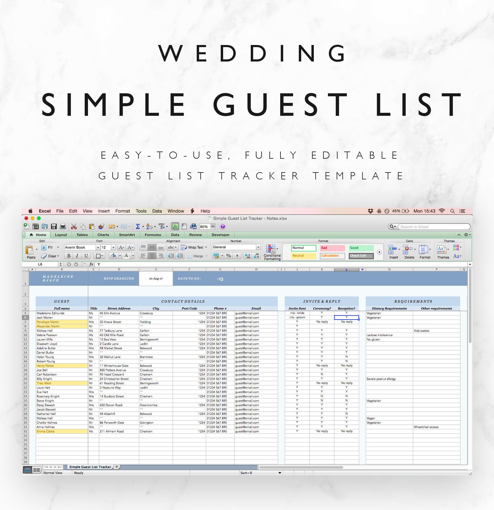 Wedding Guest List Excel Wedding Guest List Spreadsheet Wedding Guest List Tracker
