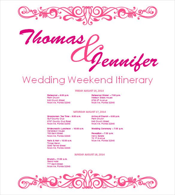 Wedding Itinerary Templates Free Wedding Itinerary Template 11 Free Word Pdf Documents