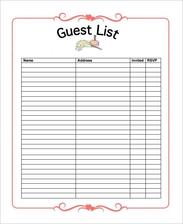Wedding Party List Template 17 Wedding Guest List Templates Pdf Word Excel