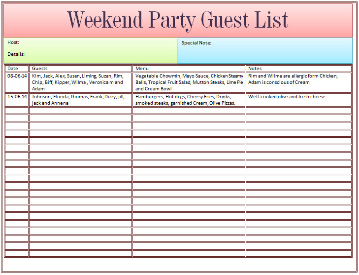 Wedding Party List Template Guest List Template for Wedding or Weekend Party