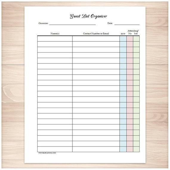 Wedding Party List Template Printable Guest List Rsvp organizer Holiday or Occasion