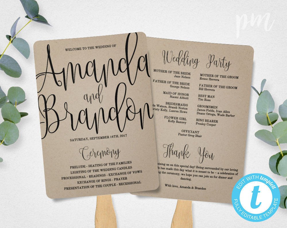 Wedding Program Fans Template Wedding Program Fan Template Calligraphy Script Printable