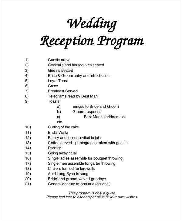 Wedding Reception Program Template 6 Wedding Program Free Sample Example format Download