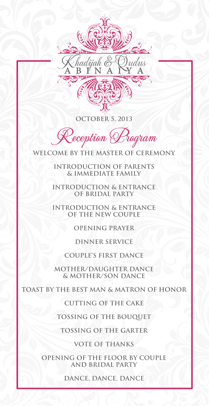 Wedding Reception Program Template Signatures by Sarah Wedding Stationery for Khadijah