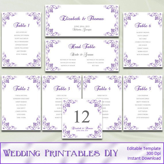 Wedding Reception Seating Charts Template Printable Wedding Seating Chart Template Diy Purple Silver