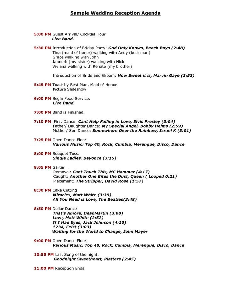 Wedding Reception Timeline Template Wedding Reception Program Agenda