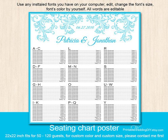 Wedding Seating Chart Poster Templates Malibu Blue Filigree Seating Chart Poster Template