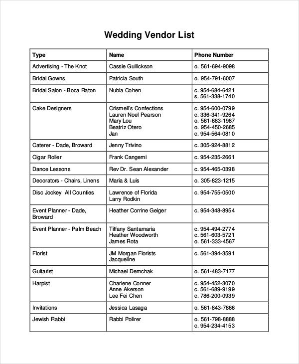 Wedding Vendor List Template Vendor List Template 7 Free Word Pdf Document