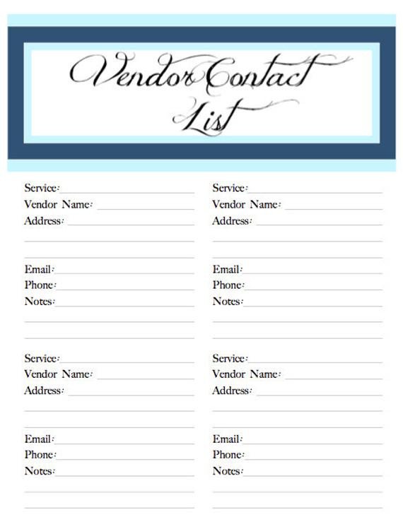 Wedding Vendor List Template Wedding Belle Printable Vendor Contact by Poshsouthernplanners