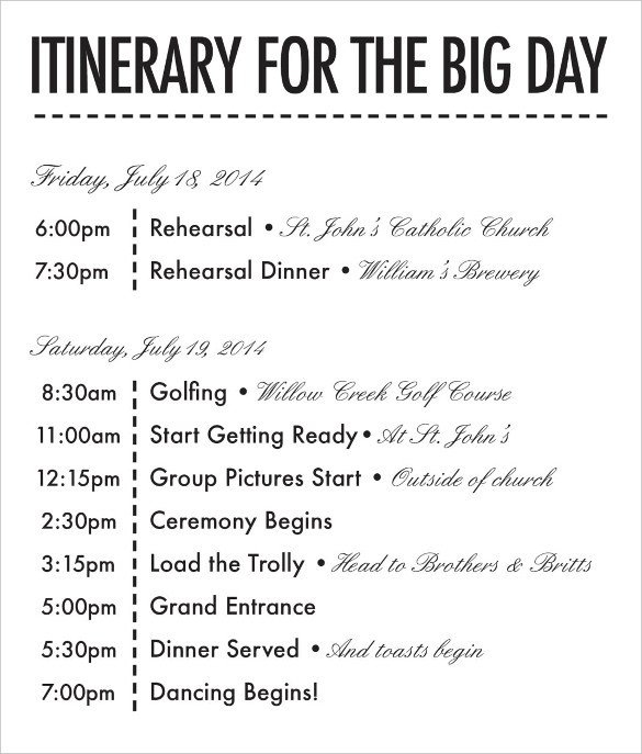 Wedding Weekend Itinerary Template 26 Wedding Itinerary Templates – Free Sample Example