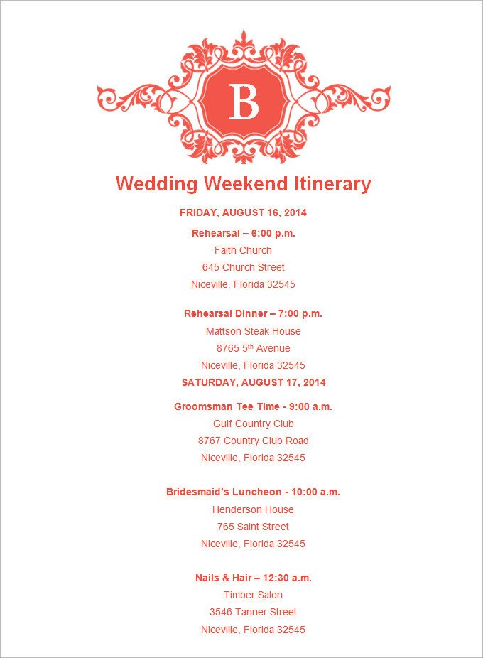 Wedding Weekend Itinerary Template 4 Sample Wedding Weekend Itinerary Templates Doc Pdf