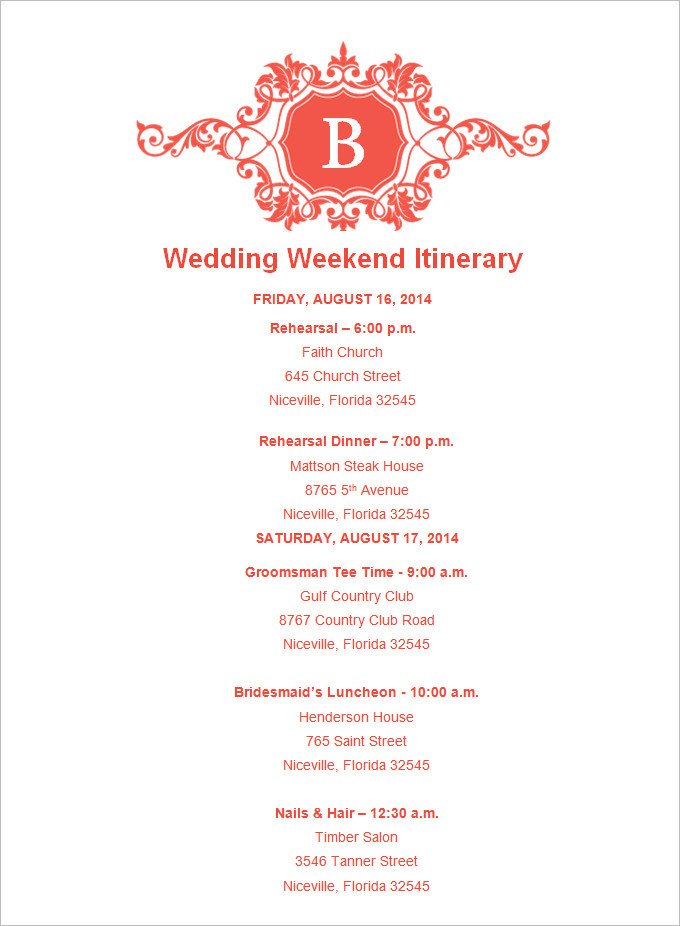Wedding Weekend Itinerary Template 4 Sample Wedding Weekend Itinerary Templates Doc Pdf