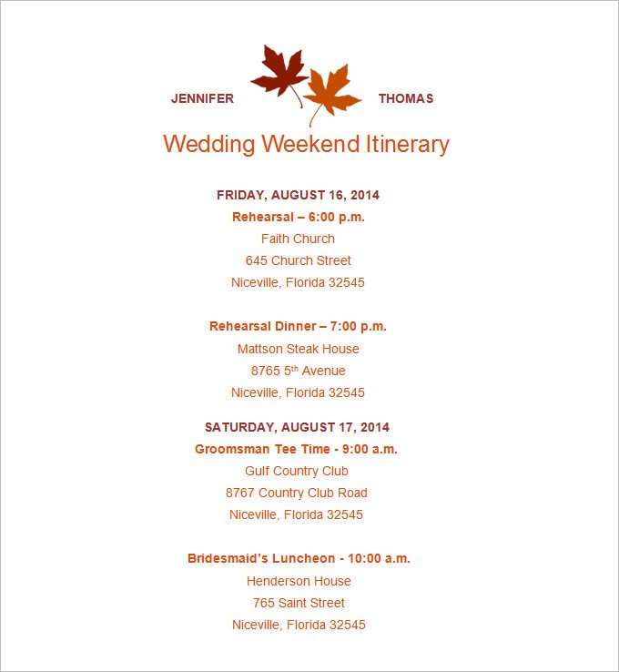 Wedding Weekend Itinerary Template 4 Sample Wedding Weekend Itinerary Templates Doc Pdf