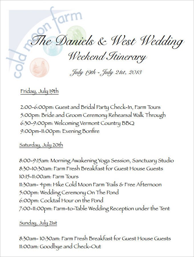 Wedding Weekend Itinerary Template 4 Sample Wedding Weekend Itinerary Templates Doc Pdf
