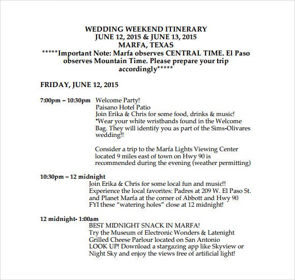 Wedding Weekend Itinerary Template Sample Wedding Weekend Itinerary Template 12 Documents