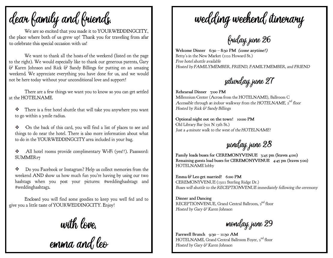 Wedding Weekend Itinerary Template Wedding Weekend Diy Itinerary Schedule Template by