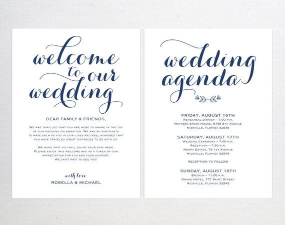 Wedding Welcome Letter Template Navy Blue Wedding Wel E Bag Note Wel E Bag Letter