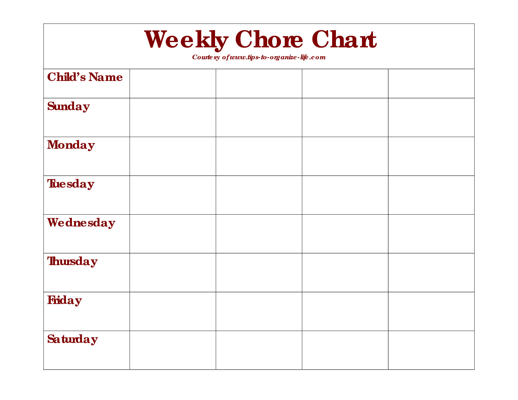 Weekly Chore Chart Printable Weekly Chore Chart