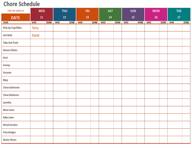 Weekly Chore Chart Templates Weekly Chore Schedule