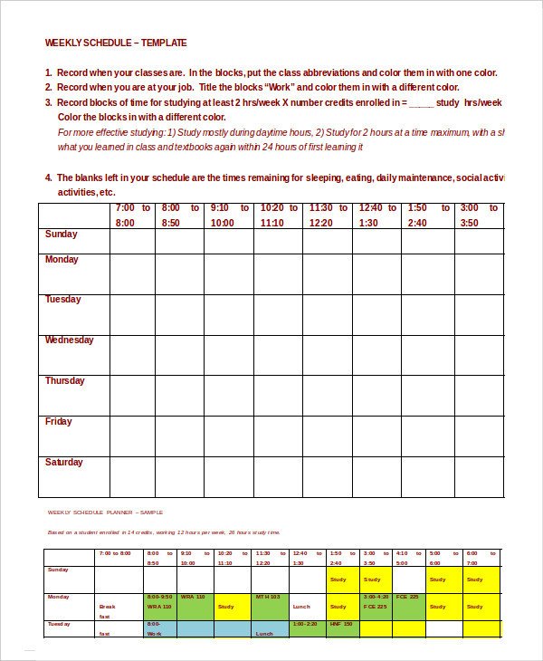 Weekly Class Schedule Template Weekly Schedule Template 10 Free Word Excel Pdf