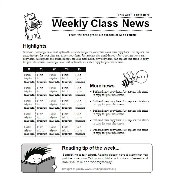 Weekly Classroom Newsletter Template 5 School Newsletter Templates Doc Pdf