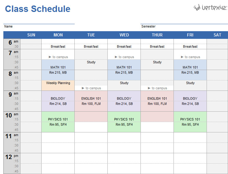 Weekly College Schedule Template College Class Schedule Template