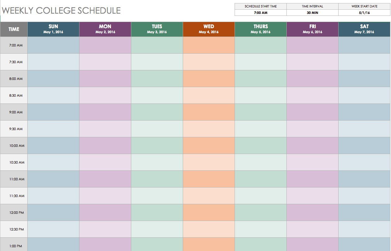 Weekly College Schedule Template Free Weekly Schedule Templates for Excel Smartsheet