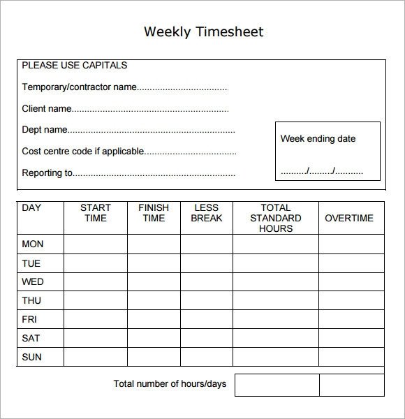 Weekly Employee Timesheet Template Weekly Timesheet Template 8 Free Download In Pdf