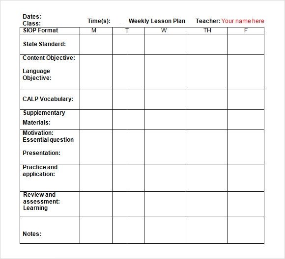 Weekly Lesson Plan Template Pdf Sample Weekly Lesson Plan 7 Documents In Word Excel Pdf