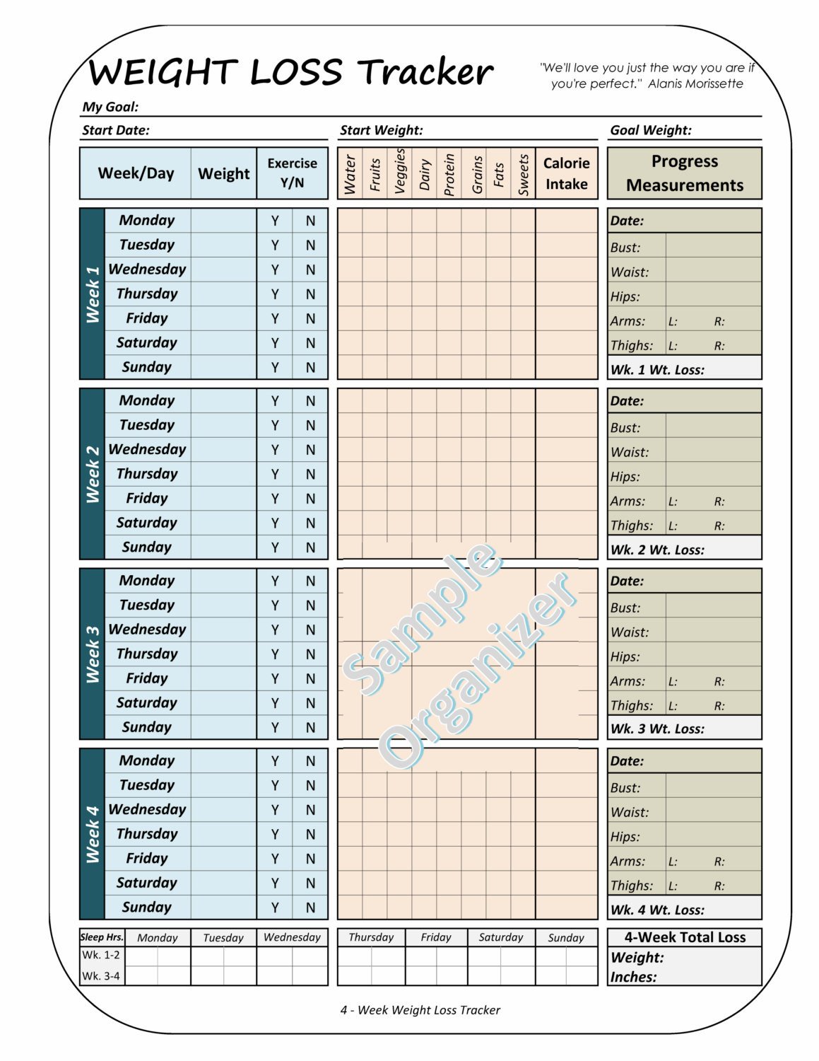 Weight Loss Tracker Template Weight Loss Tracker Printable Weight Loss Planner 4 Week
