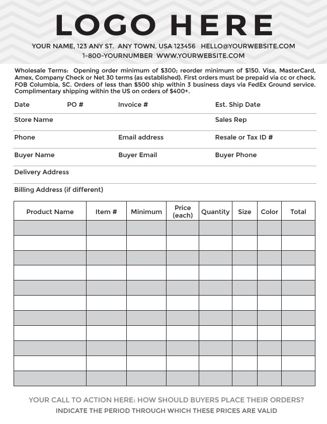 Wholesale order form Template Professional Line Sheet order form Design