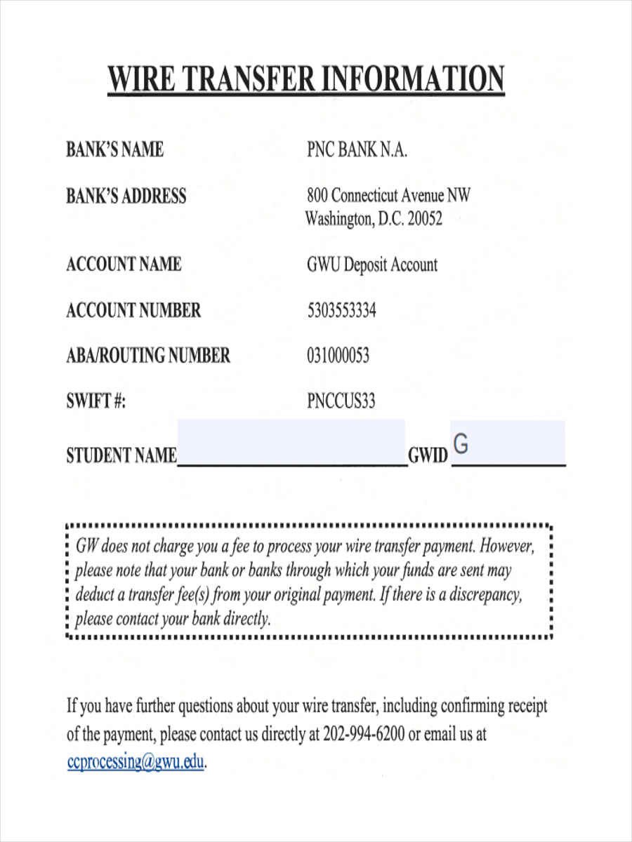 Wire Transfer Instructions Template 7 Wire Transfer forms Free Sample Example format Download