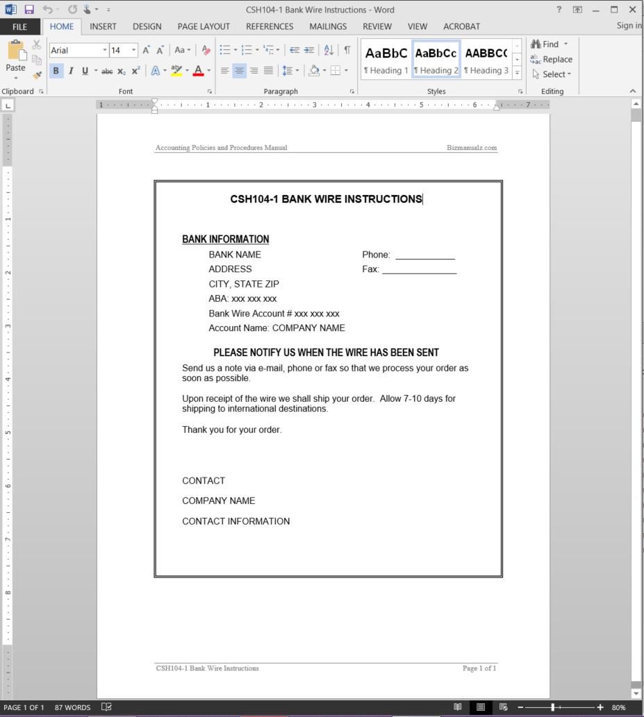 Wire Transfer Instructions Template Bank Wire Instructions Guide Template