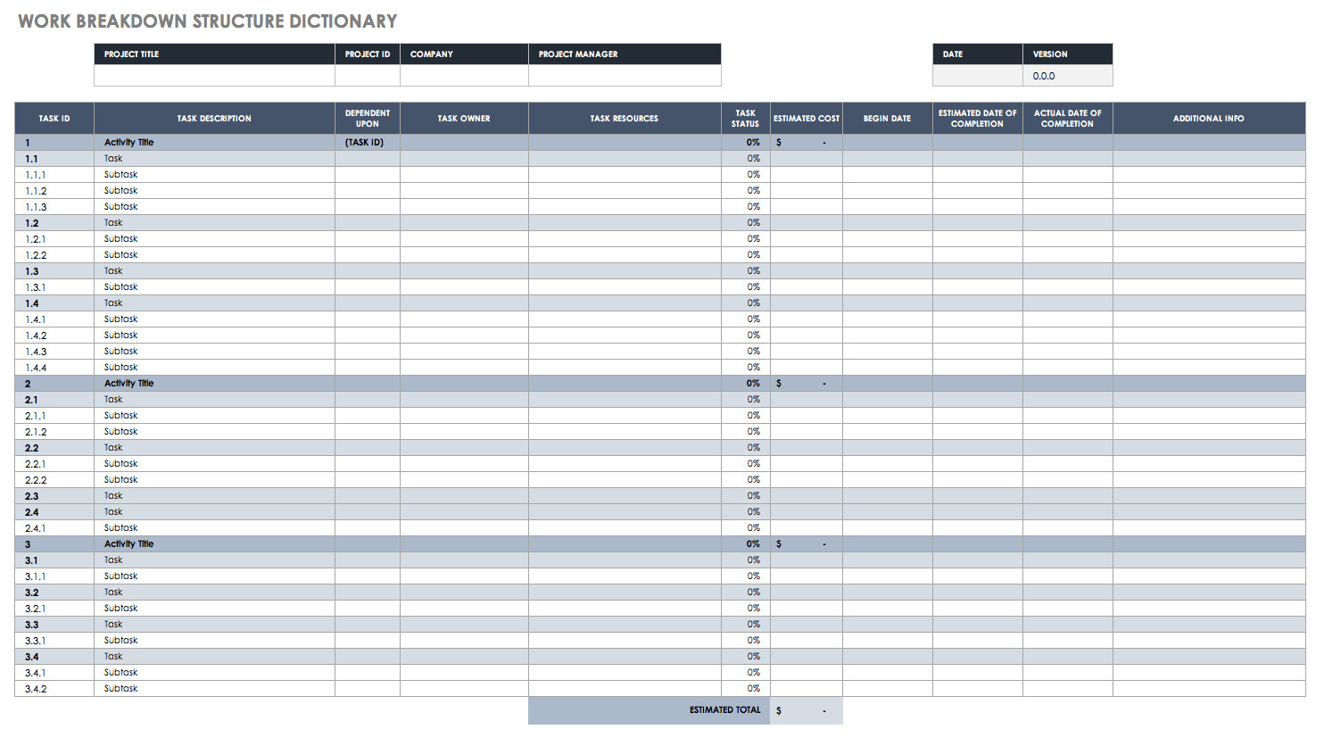 Work Breakdown Structure Excel Template Free Work Breakdown Structure Templates